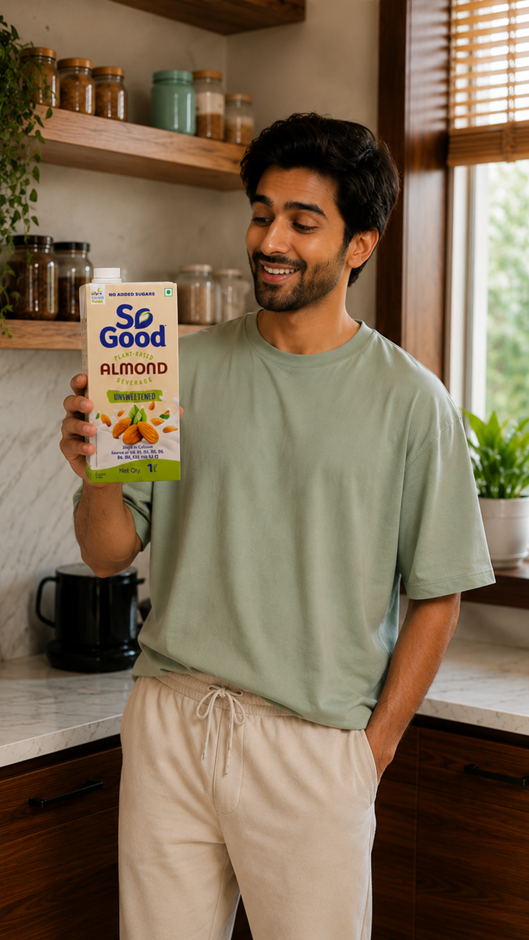 So Good almond beverage lifestyle still generated through a brand-trained Piccolo workflow