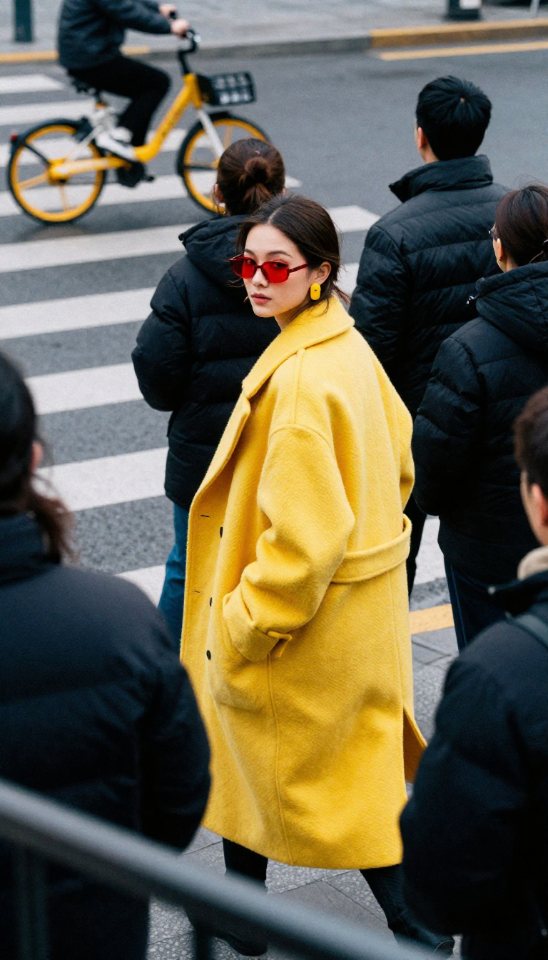 Cinematic street-fashion still, a figure in a yellow coat, produced through a Piccolo workflow